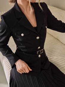 CLARA VERO Woman Solid Color Woven Elegant 2 Pieces Outfits Co-Ords Suit Set Gold Button Detailed Blazer Jacket And Pleated Midi Skirts Office Business Work Casualwear - Black - View 4