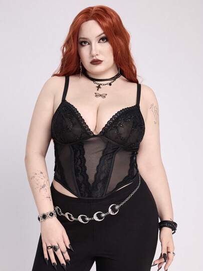 EDITION Débardeur et top pour femmes grande taille en maille brillante Gothic, patchwork, superposable