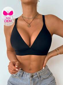 Swim DD+ 女士夏季海滩纯色性感 DD+ 无钢圈比基尼上衣 - 黑色 - 查看 7