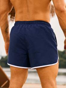 Manfinity Swimmode 男士休闲撞色饰边抽绳腰沙滩短裤，适合夏季、度假 - 藏蓝色 - 查看 3