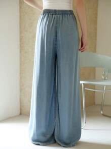 Sparklyn Teen Girl Blue Denim Effect Wide Leg Pants, Casual, Versatile, Lightweight For Spring & Summer, School, Campus, College Fall Winter - Blue - View 2