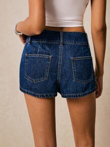 Poéselle 女士休闲日常口袋牛仔短裤 - 深色水洗藍 - 查看 2