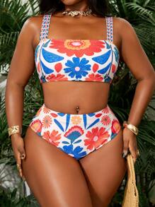 Slaydiva Plus Size Women Floral Printed Beach Vacation Split Bikini Set For Summer