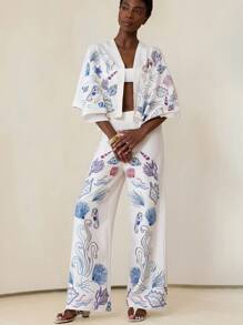 Aveloria Modichic Women White Autumn Tropical Tea Party Vacation Holiday Elegant Shell & Seaweed Floral V-Neck Oversized Drop Shoulder Wide Leg Pants 2 Pieces Set - Multicolor - View 6