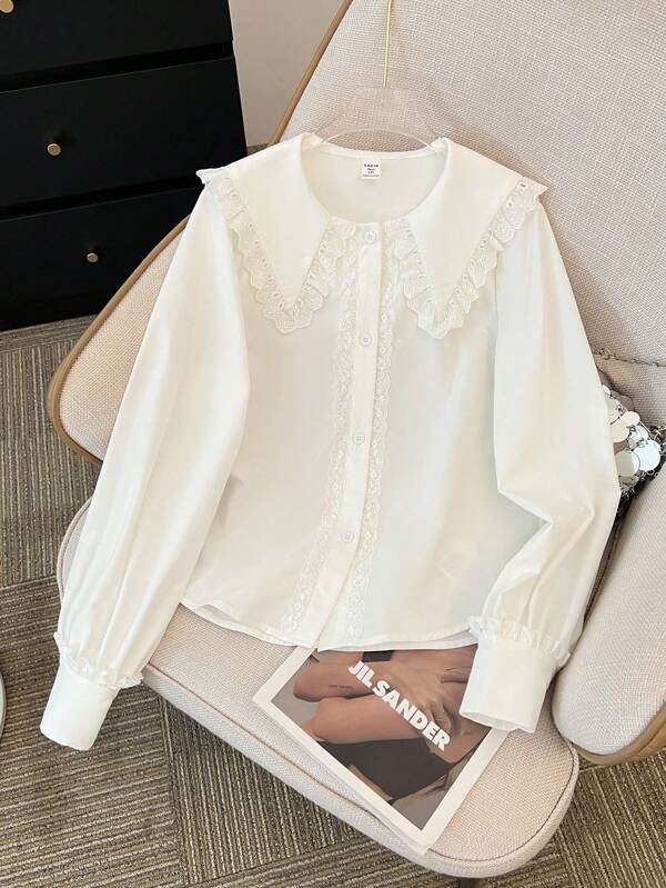 SHEIN Teen Girls Elegant White Lace Trim Collared Long Sleeve Blouse For Graduation Fall Winter