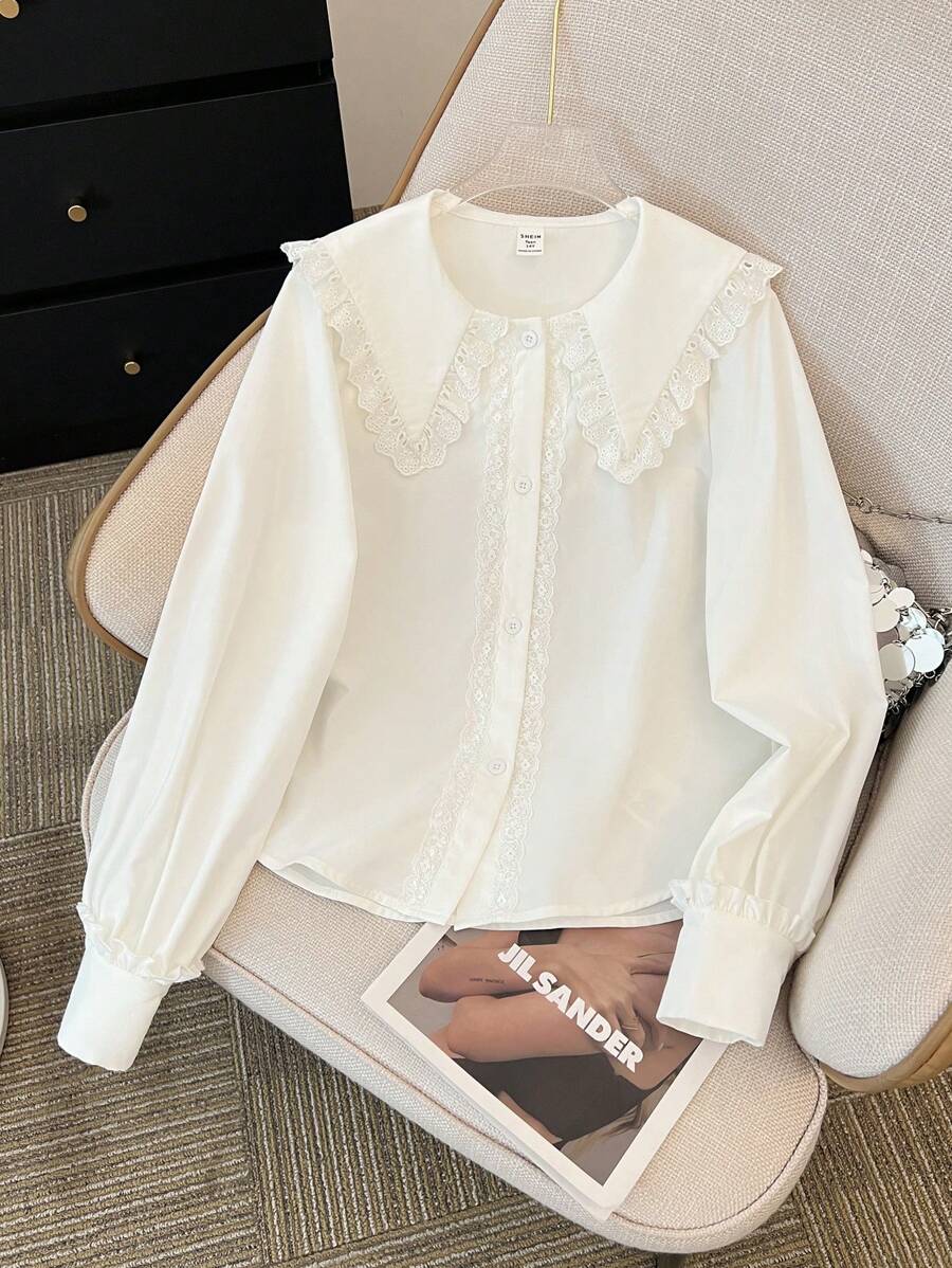 SHEIN Teen Girls Elegant White Lace Trim Collared Long Sleeve Blouse For Graduation Fall Winter
