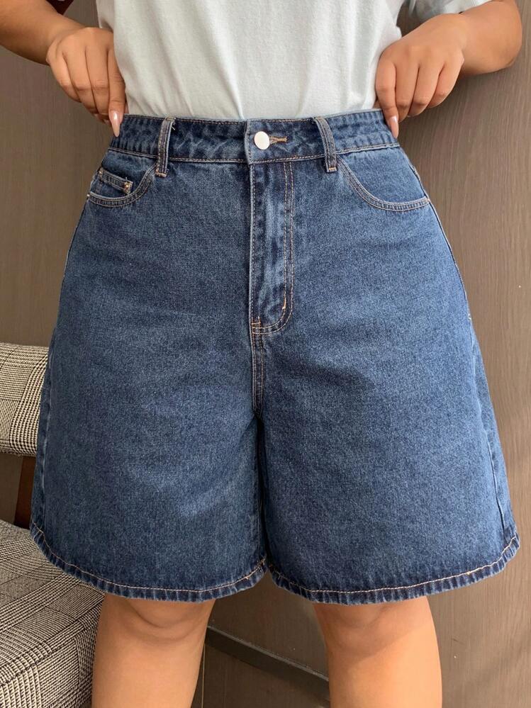 Dazy Plus Pantaloncini di jeans larghi e lunghi fino al ginocchio di taglia grande, blu navy lavato, con fiocco ricamato e tasche sul retro, pantaloncini di jeans primaverili/estivi - Blu lavato scuro - Visualizzare 5