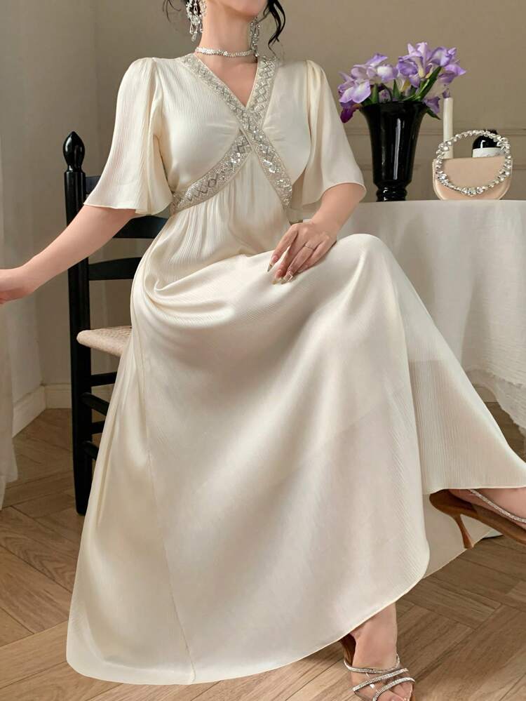Women's Summer Elegant Beaded & Sequin Patchwork Short Sleeve Long Textured Fabric Cinched Waist Casual Vacation Boho Dress