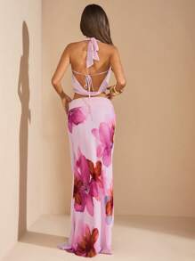 SHEIN BAE Bộ váy maxi 2 mảnh phong cách Boho dành cho nữ, áo cổ lọ buộc dây sau lưng họa tiết hoa màu hồng và chân váy dệt dài - Hồng - Xem 1
