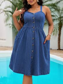 SHEIN Lady Plus Size Women Casual Denim Strap Dress, Blue