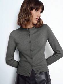 Maija Women's Elegant Solid Gray Round Neck Long Sleeve Button-Front Minimalist Knit Cardigan, Made Of Fine Fabric, Lightweight And Comfortable, Classic Ribbed Design And 3D Buttons Add Texture. Simple And Versatile Fit, Suitable For Daily Commute, Office, Business Casual, Teaching And Formal Occasions - Dark Grey - View 4