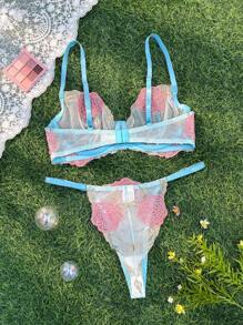 SHEIN 2件套女士玫瑰刺绣撞色性感透明浪漫内衣套装 - 彩色 - 查看 2