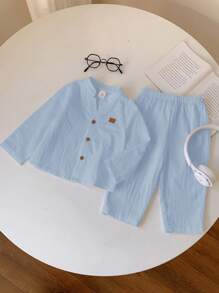 SHEIN 2 Stück Baby Jungen/Mädchen Lässig Outfit - Langarm Hemd mit Kragen und Hose mit Gummibund Grundausstattung, geeignet für Frühling, Sommer, Herbst, perfekt für Geburtstags-Party, Neujahrs-Party, Hochzeit, Baby-Shower Hellblau Baby Jungen Outfit Baby Jungen Leinen Outfit Baby Jungen Outfit Erster Geburtstag Jungen Outfit Herbst Winter - Blau - Übersicht 4