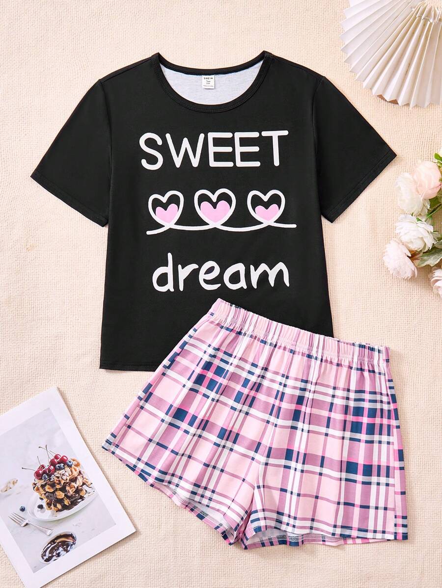 SHEIN 2pcs/Set Dozemod Kids & Teen Girls Casual Loose Letter Graphic Round Neck Short Sleeve T-Shirt And Plaid Shorts Pajamas, Flame Retardant - Purple - View 1