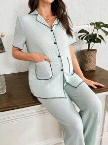 SHEIN 2件套孕妇爱心刺绣翻领短袖上衣和裤子睡衣套装