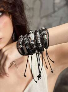 ROMWE Grunge Punk 5 件套复古嬉皮风格五角星串珠翼 PU 皮革手链，适合女士日常佩戴和节日 - 黑色 - 查看 3