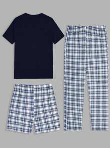 RueChic 男式棉质格子印花室内三件套常规T恤+短裤+长裤家居服套装 - 藏蓝色 - 查看 2