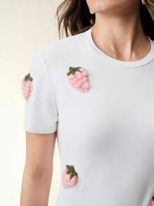 Anewsta 女士斜肩短袖T恤，3D草莓印花修身款，夏季 - 白色 - 查看 5
