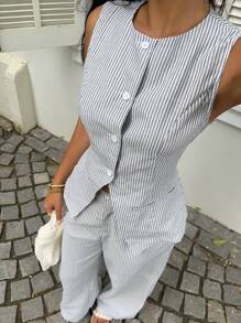SHEIN EZwear 女士通勤条纹背心套装两件套日常装夏季女装2件套女商务休闲女舒适田园教师装夏季办公室装女秋冬 - 彩色 - 查看 4