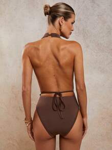 COSMINA Women's Sexy Solid Color Backless Halter Bodysuit, Summer - Coffee Brown - View 2