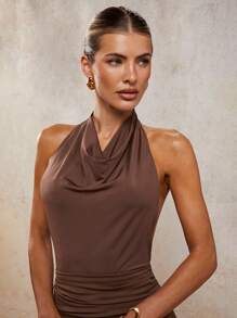 COSMINA Women's Sexy Solid Color Backless Halter Bodysuit, Summer - Coffee Brown - View 7