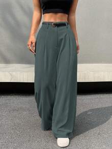 SHEIN EZwear 女士高腰系带阔腿休闲办公裤，灰色 - 灰色 - 查看 3