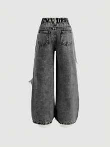 SHEIN Girlism Tween Girl Y2K 夏季浅色水洗镂空破洞宽松直筒牛仔裤，夏季海滩波西米亚风度假休闲狂欢音乐会，破洞宽松牛仔裤，灰色宽松牛仔裤，宽松牛仔裤，Y2k 牛仔裤，水洗宽松牛仔裤，街头风格