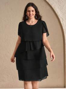 Chikora Đầm xếp lớp mùa hè thường ngày cổ tròn tay loe màu trơn cỡ lớn - màu đen - Xem 3