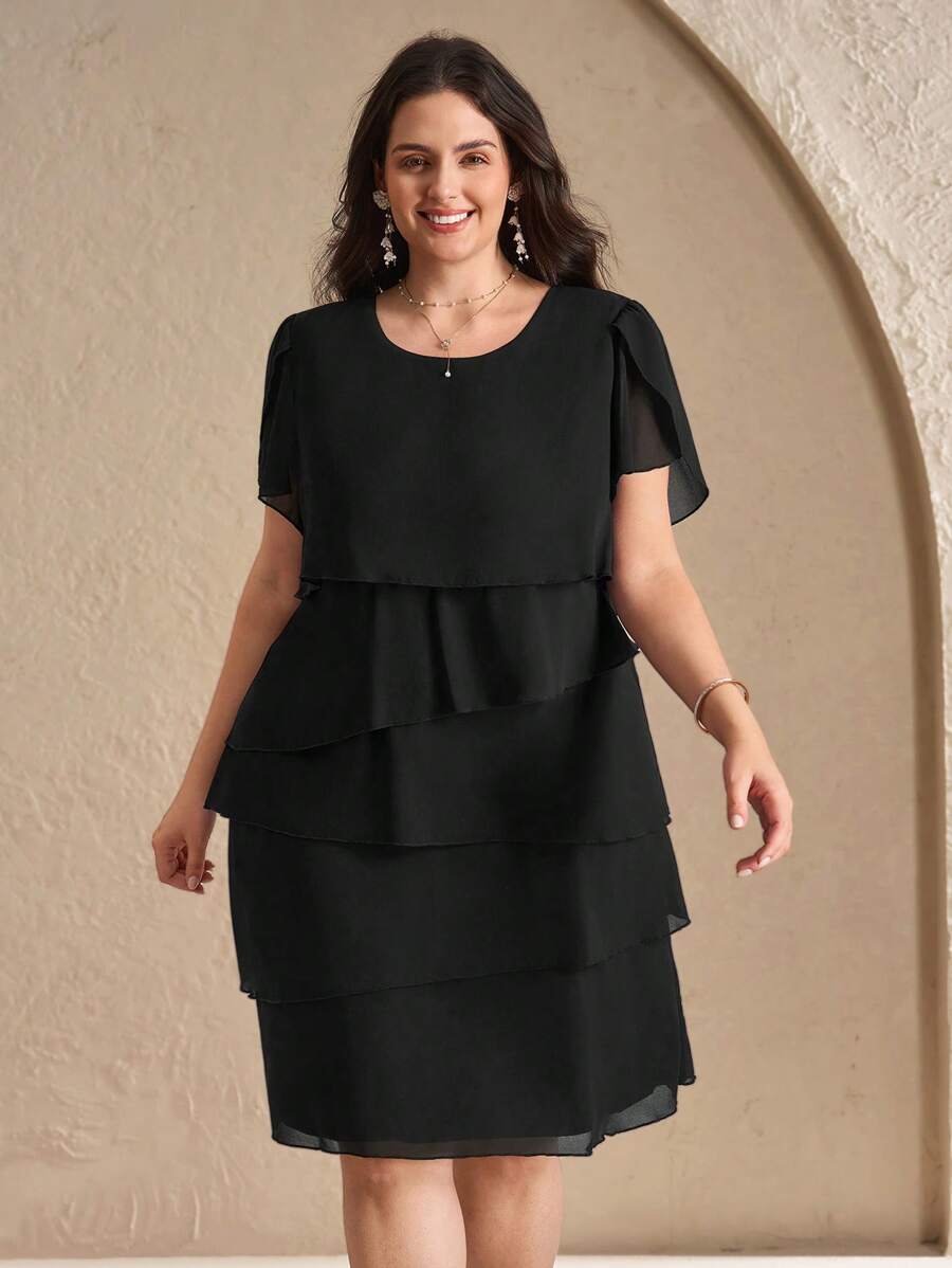Chikora Plus Size Solid Color Crew Neck Bell Sleeve Ruffle Hem Casual Summer Layered Dress Plus Size Tiered Dress - Black - View 1