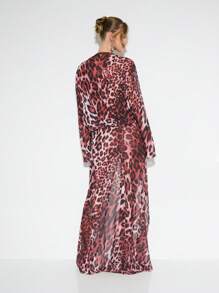 KIZN Chic Animal Print Long Sleeve Maxi Beach Cover Up Resort Wear Wrap Dress Beachwear Honeymoon Dress Side Slit - Red - View 2
