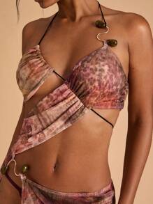 SHEIN BAE Robe de cache-maillot sexy à encolure montante avec décoration d'anneau en métal ajouré et imprimé intégral pour femmes - Tabac - Voir 8