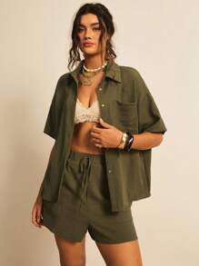Freevana Plus Size Solid Color Button Front Collared Short Sleeve Top And Drawstring Pocket Shorts 2pcs Set,Holiday Outfits