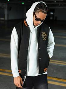 Manfinity Homme 男士秋冬休闲撞色条纹背心 男士运动夹克 棒球夹克 男士橄榄球夹克 运动夹克 男士无袖橄榄球夹克 - 黑色 - 查看 2