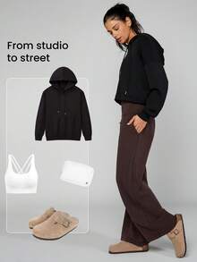 GLOWMODE 30" Regular SoftCalm Modal Silk Touch Wide Leg High Waist Lounge Pants With Side Pockets Daily Casual Spring Summer - Chocolate Brown - View 6