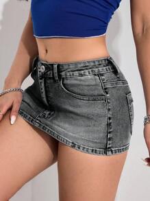 SHEIN PETITE 女式口袋装饰紧身性感迷你牛仔裙 - 淺灰色 - 查看 7