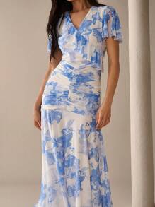 Lilora Elegant Lässig Pendler Raffungen Muster Kleid Städtischer Stil Blau Blumen Volant Ärmel Langes Kleid Städtische Lässig, Romantisch und Elegant, Ausgehen - Blau - Übersicht 5