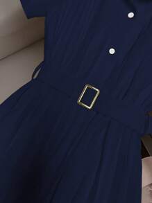 SHEIN Clasi Vestido de verano con cuello de polo plisado de gasa de estilo francés moderno y elegante de manga corta
