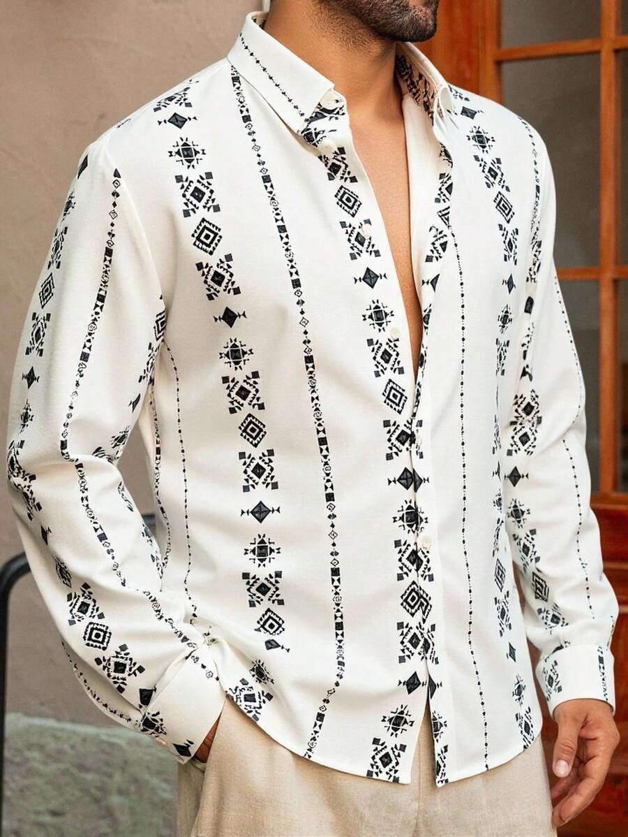 Manfinity VCAY Camisa de manga larga casual y cómoda con estampado personalizado para hombre, para verano - Blanco - Ver 1