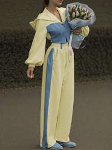 Women 2pcs/Set Contrast Color Hooded Sweatshirt And Drawstring Waist Long Pants - Multicolor - View 1