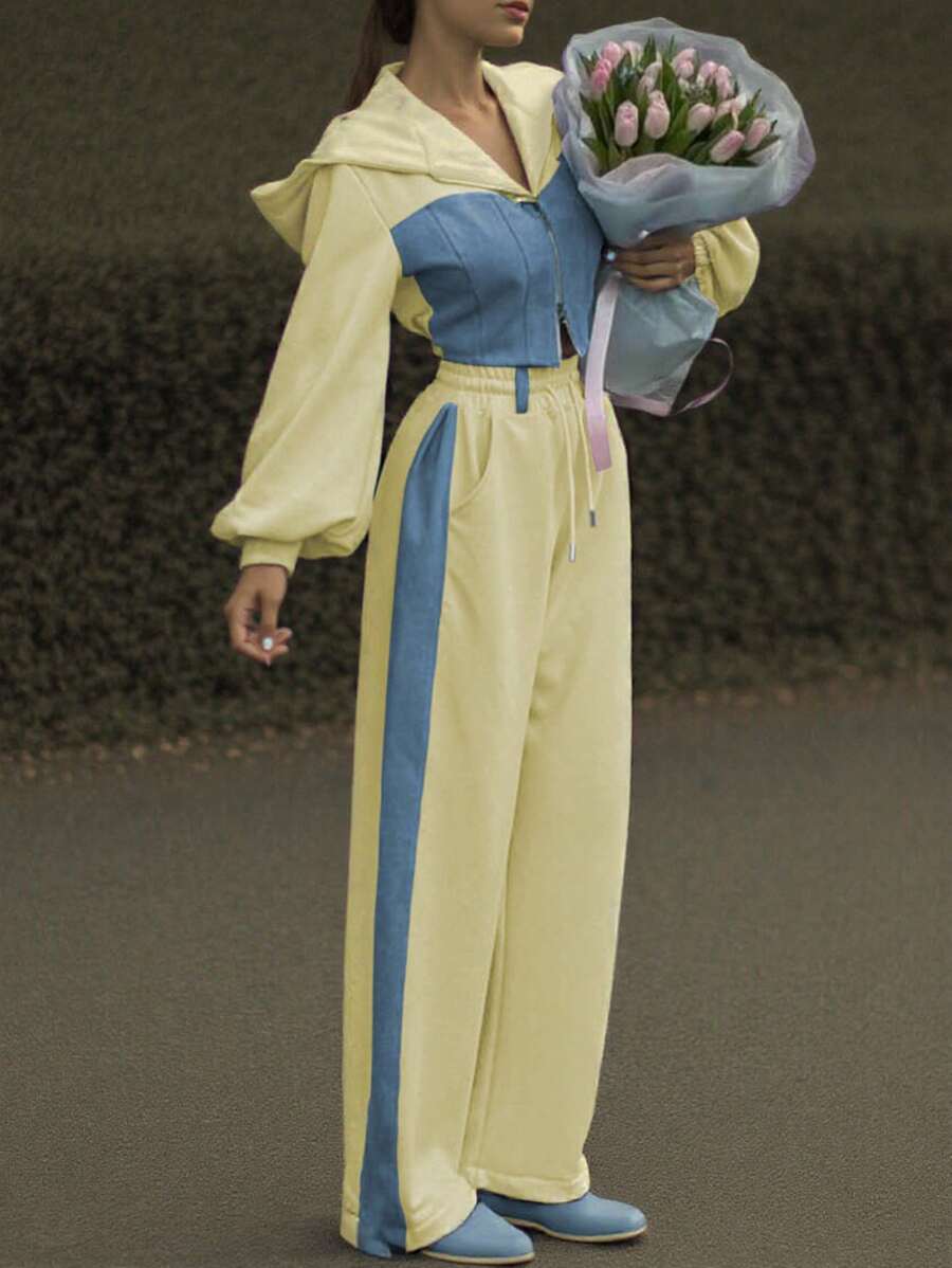 Women 2pcs/Set Contrast Color Hooded Sweatshirt And Drawstring Waist Long Pants - Multicolor - View 1