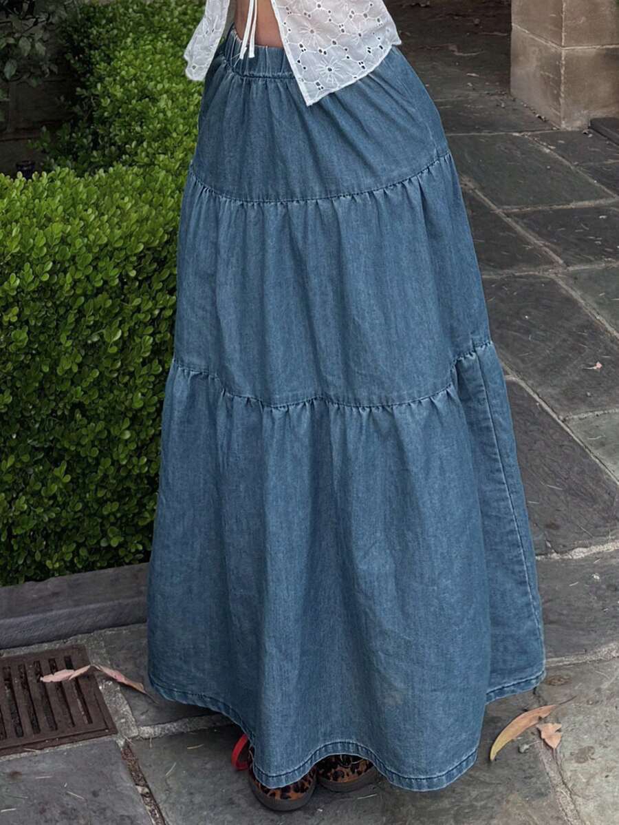 DAZY 女士弹力腰带多层荷叶边休闲牛仔中长裙 - 藍色 - 查看 1