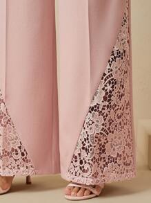 Anewsta Pantalon évasé élégant et intellectuel avec patchwork en dentelle ajourée rose, taille haute amincissante pour l'été