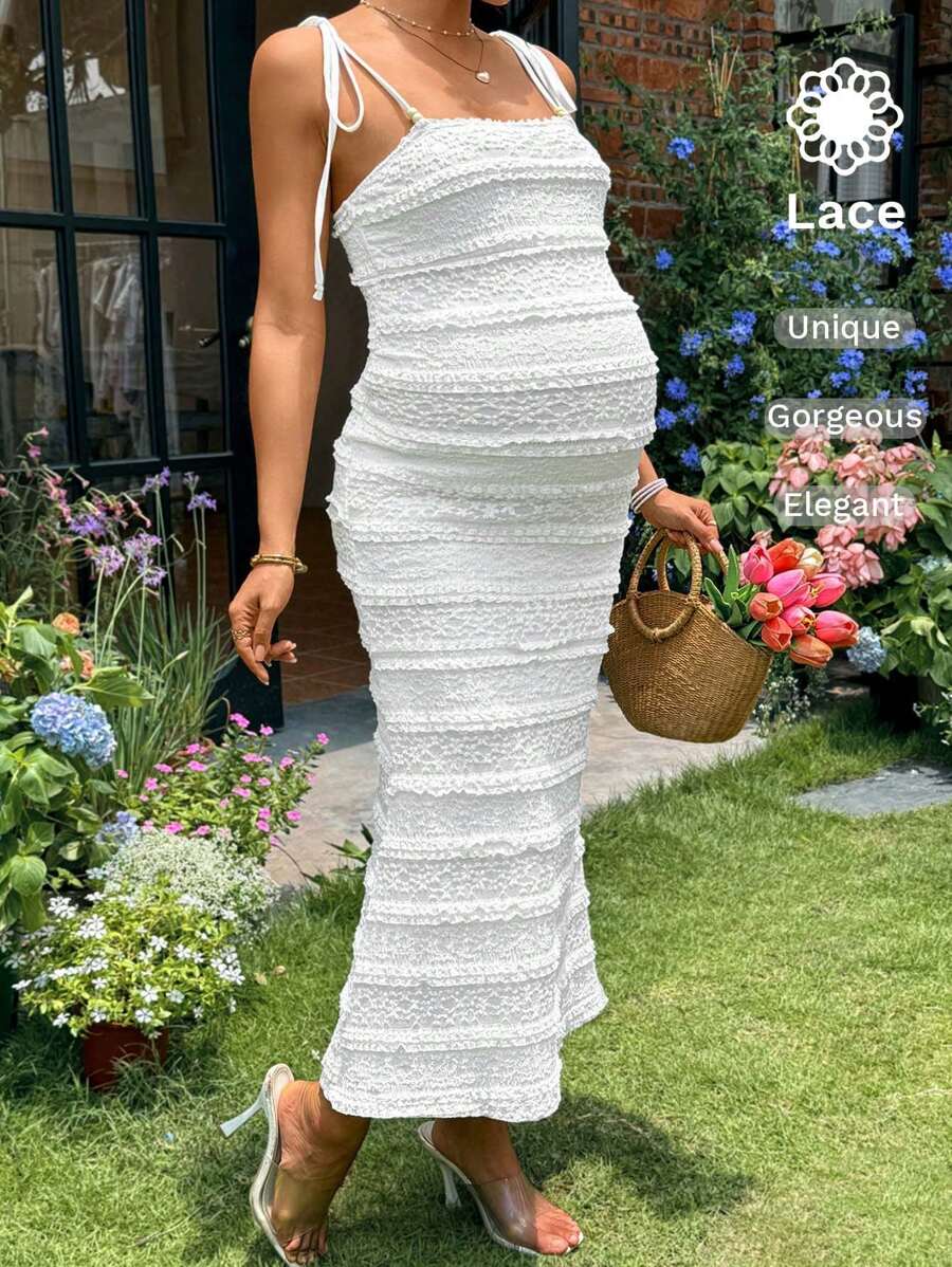 SHEIN Vestido de maternidad ajustado con decoración de lazo, vestido sin mangas - Albaricoque - Ver 1