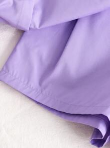 SHEIN Leap Crew Tween Girls' Vacation Casual Woven Solid Color Short Sleeve Shirt And Shorts Set, Spring/Summer - Mauve Purple - View 3