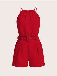EMERY ROSE Women's Summer Solid Color Pleated Casual Pocketed Halter Romper For New Year Clothes - Red - View 3