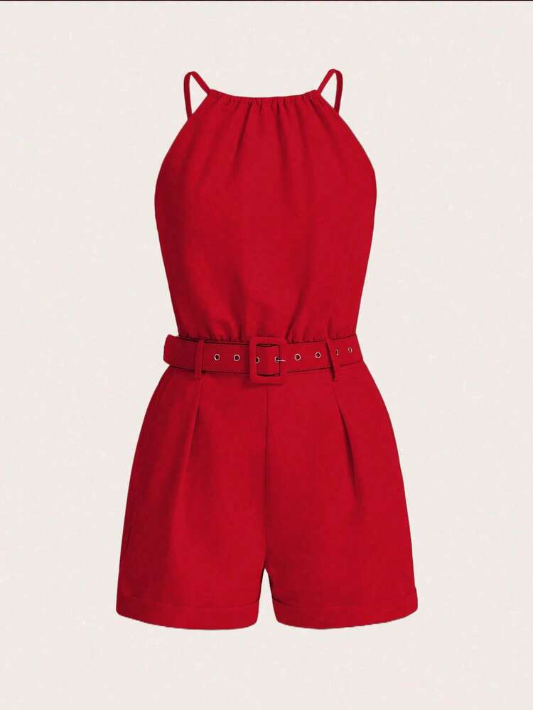 EMERY ROSE Women's Summer Solid Color Pleated Casual Pocketed Halter Romper For New Year Clothes - Red - View 3