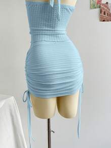 Soleia Bộ trang phục hai mảnh hở lưng cổ chữ V kết cấu mùa xuân/hè và váy ngắn xếp nếp, gợi cảm cho phụ nữ dự tiệc/hẹn hò/mùa hè, phù hợp cho kỳ nghỉ, lễ hội âm nhạc, phong cách Bohemian - Màu xanh nhạt - Xem 6