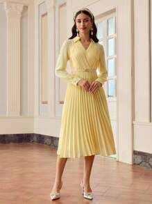 ZEYLAH Elegant Solid Color Raglan Sleeve Pleated Dress - Yellow - View 4