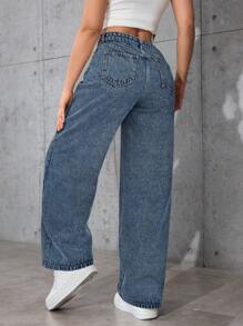 SHEIN PETITE 女士宽松口袋装饰阔腿休闲百搭牛仔裤 - 藍色 - 查看 2