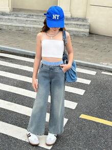 SHEIN Vintage American Style Baggy 2 In 1 Jeans For Tween Girl - Blue - View 5